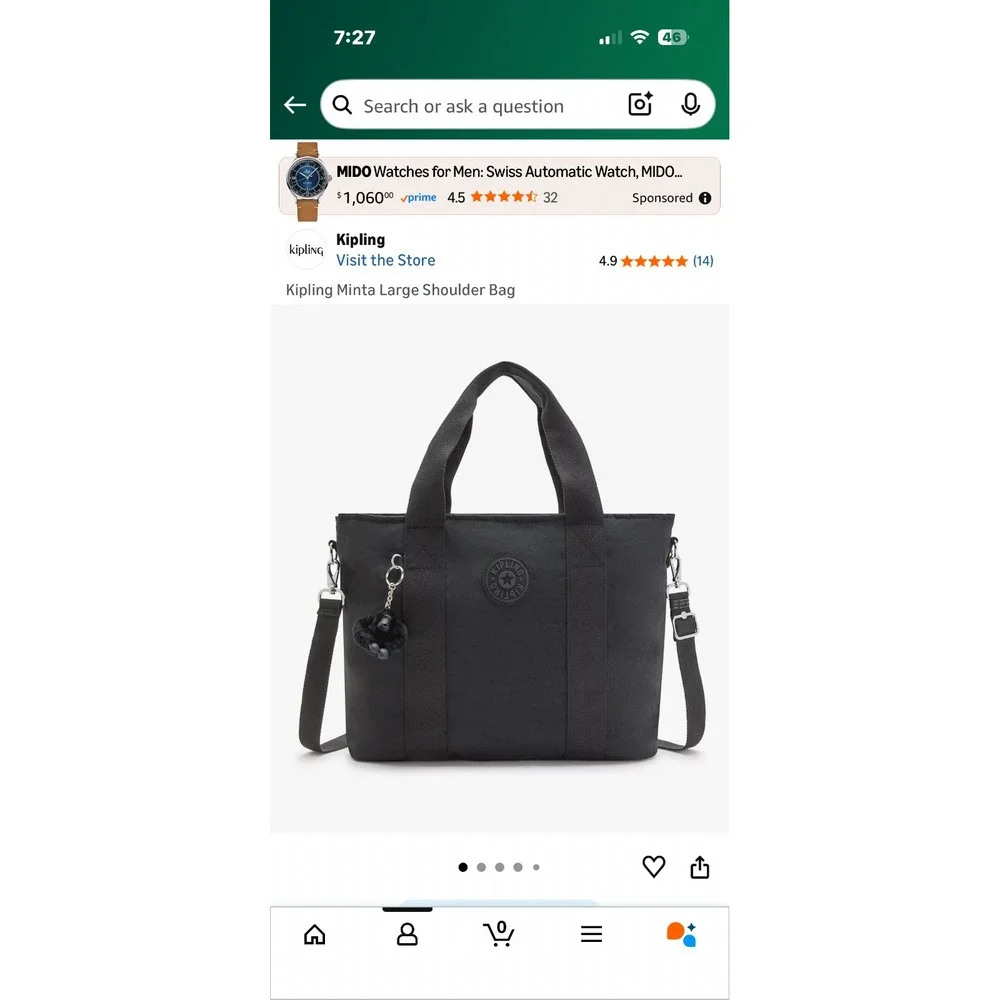 kipling‎ black tote bag with ape charm NWT
